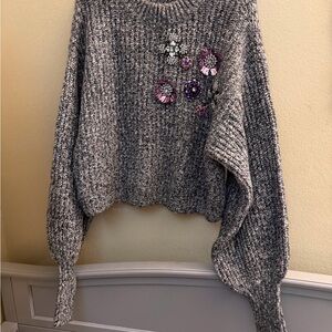 H&M Gray Knit Sweater with Floral Embellishments